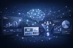 AI-driven PPC strategy showing smart bidding, creative optimization, and performance metrics