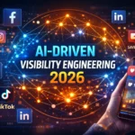 AI-driven visibility engineering in 2026 showing social media algorithm ranking, behavioral signal optimization, and retention-based distribution model