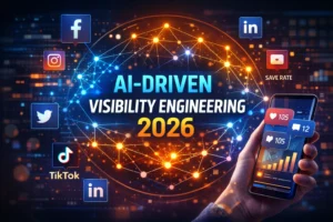 AI-driven visibility engineering in 2026 showing social media algorithm ranking, behavioral signal optimization, and retention-based distribution model