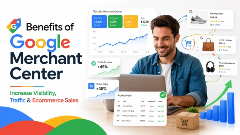 Benefits of Google Merchant Center for ecommerce businesses including Google Shopping visibility, free product listings, and product feed optimization